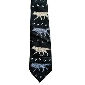 Wildlife Domain Wolves Marc Dennis Vintage 1998 Black Herringbone Silk Necktie